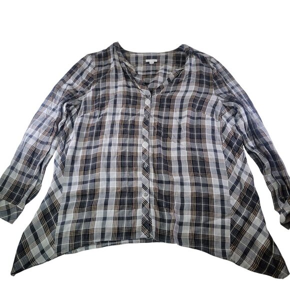 J.Jill Tops - J.Jill Women Black & Beige Plaid Button-Front Long-Sleeve Blouse Size M